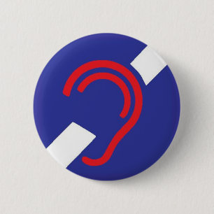 Internationell symbol för döv, rött, vit & blått knapp