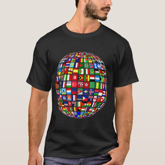Internationell världs flaggor och världskarta för  t shirt (Framsida)