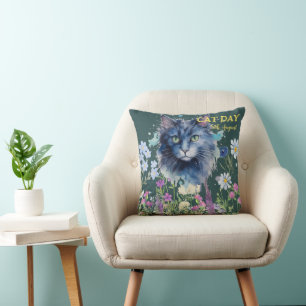 Internationella kattens dag akvarell vildblomma kudde