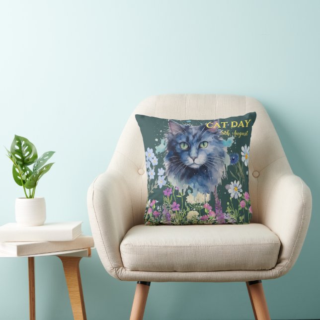 Internationella kattens dag akvarell vildblomma kudde (Stol)