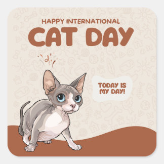 Internationella kattens dag Sphynx-firande konst Fyrkantigt Klistermärke