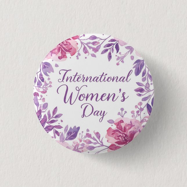Internationella kvinnodagen 2026 med blommotiv knapp (Framsida)