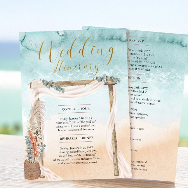 Internationellt kort för boho Beach Arbor Ocean Br (Beach Wedding Itinerary Program Card from the Boho Beach collection by Darling & May)