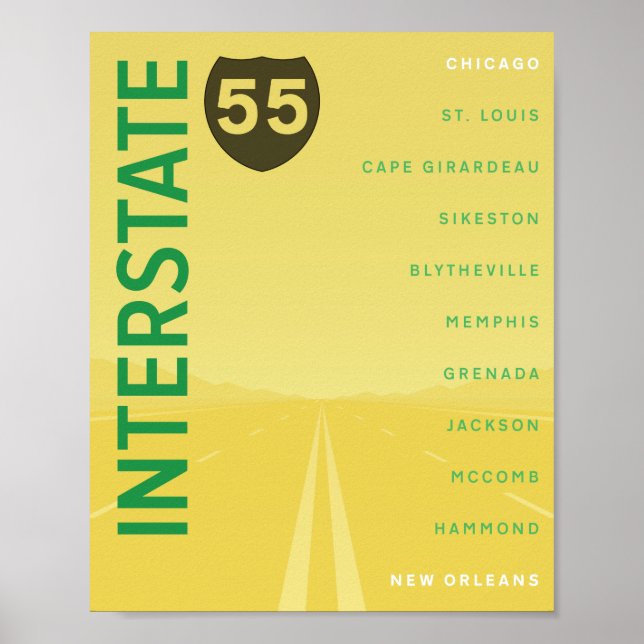Interstate 55 (I-55) Poster (Gult) (Framsidan)