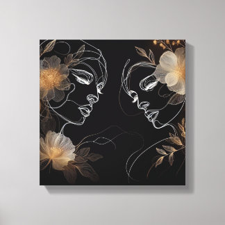 Intertwined Feminine Faces with Golden Florals Canvastryck