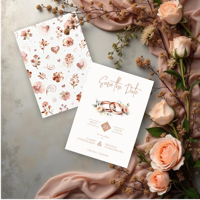 Intertwined Timeless Wedding Rings in Rose Gold Spara Datumet (Intertwined Timeless Wedding Rings in Rose Gold Effect with Flowers Save the Date Cards. )