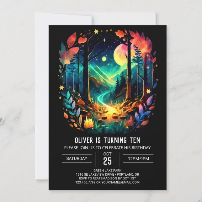 Intill Skogen i Äventyr inväntar Elegantens födels Inbjudningar (Framsida)