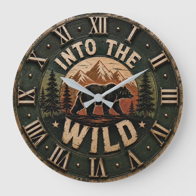 Into the Wild Bear Rustic Cabin Mountain Decor Stor Klocka (Framsida)