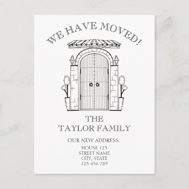 Inträdesdörr ny hem inflyttning anmälan meddelande vykort (Framsida)