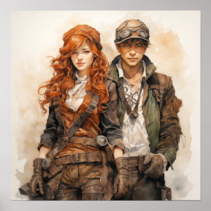 Intrepid Steampunk Explorer Dynamic Duo Art Poster