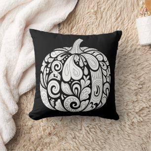 Intricate Black and White Pumpkin Art - Halloween Kudde