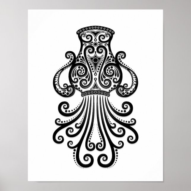 Intricate Black Aquarius Zodiac på White Poster (Framsidan)