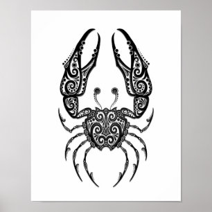 Intricate Black Cancer Zodiac på vitt Poster