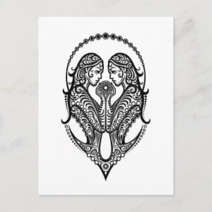 Intricate Black Gemini Zodiac på White Vykort