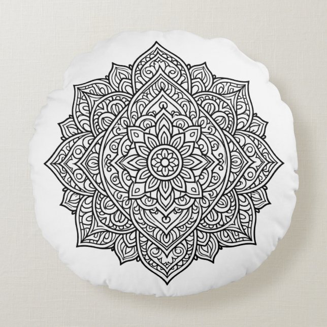 Intricate Black Line Mandala Art Rund Kudde (Framsidan)