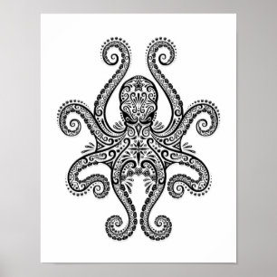 Intricate Black Octopus på vitt Poster