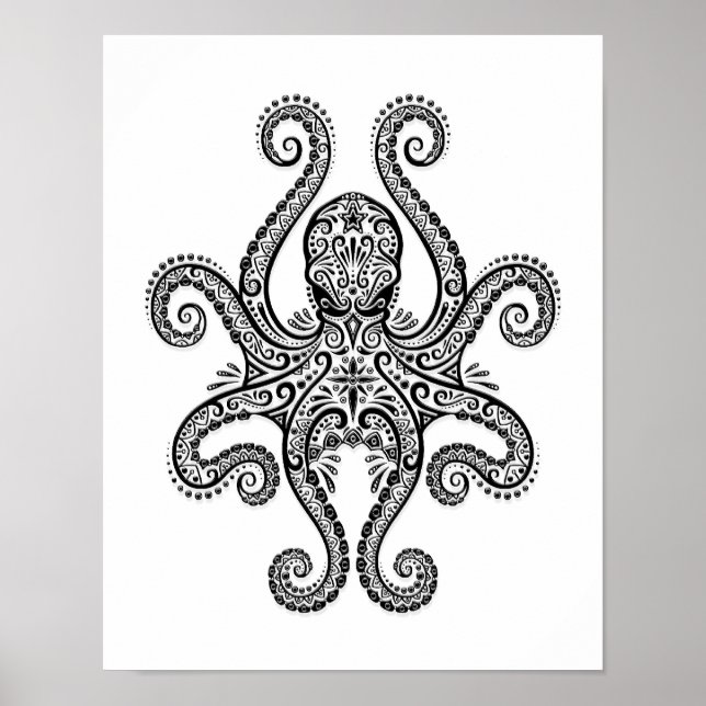 Intricate Black Octopus på vitt Poster (Framsidan)