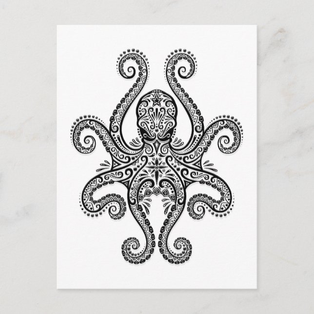 Intricate Black Octopus på vitt Vykort (Framsida)