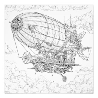 Intricate Black White Steampunk Airship Teckning Fototryck