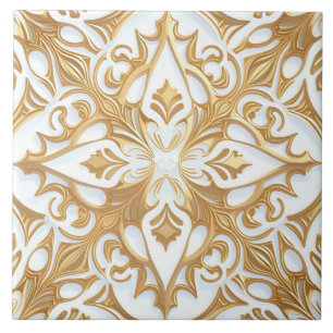 Intricate Blommönster Ceramic Tile White Guld Kakelplatta