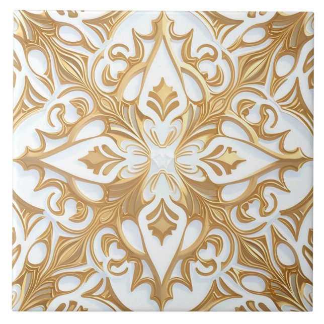 Intricate Blommönster Ceramic Tile White Guld Kakelplatta (Framsidan)