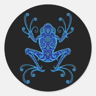 Intricate Blue and Black Träd Frog Runt Klistermärke