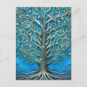 Intricate Blue Blommigt Livets träd Graphic Vykort