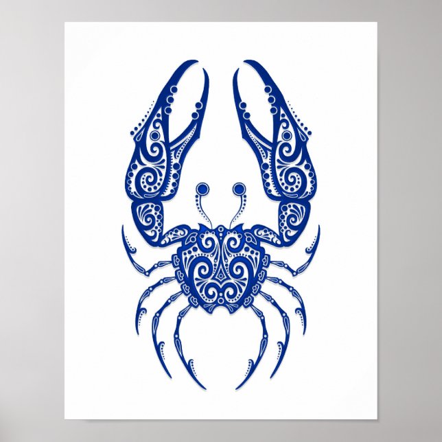Intricate Blue Cancer Zodiac på vitt Poster (Framsidan)