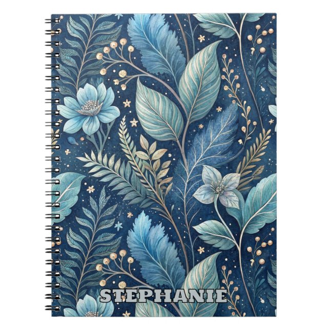 Intricate Blue & Grönt Botanical - Starry Mörk blå Anteckningsbok (Framsidan)