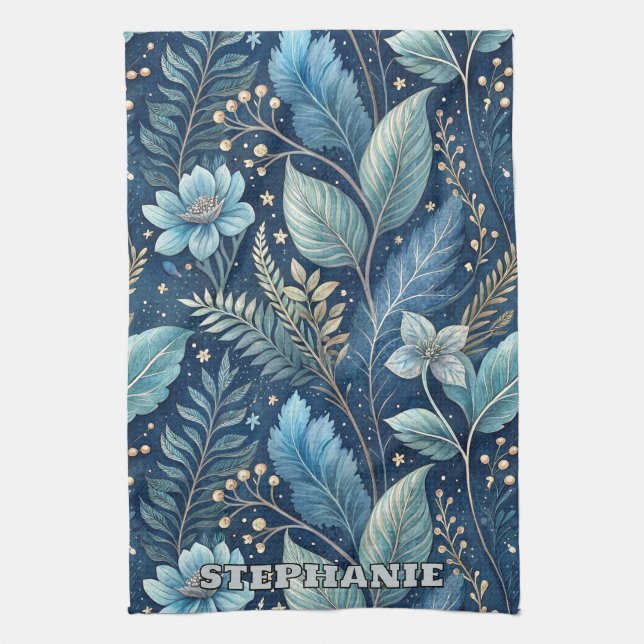 Intricate Blue & Grönt Botanical - Starry Mörk blå Kökshandduk (Vertikal)