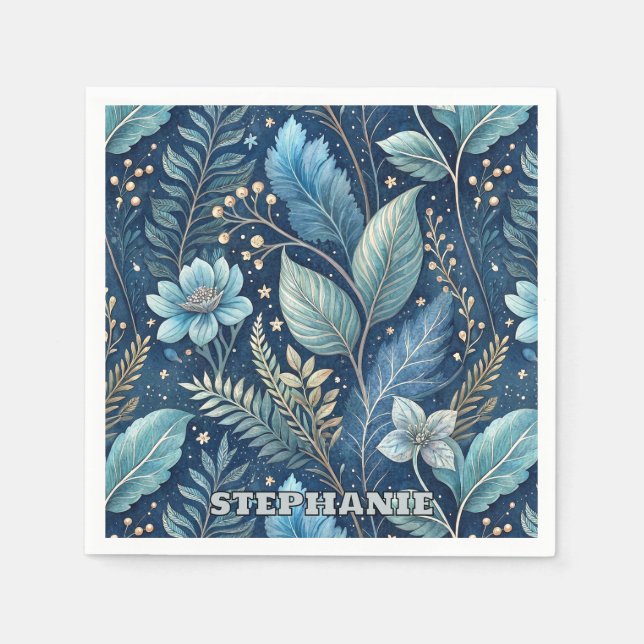 Intricate Blue & Grönt Botanical - Starry Mörk blå Pappersservett (Framsidan)