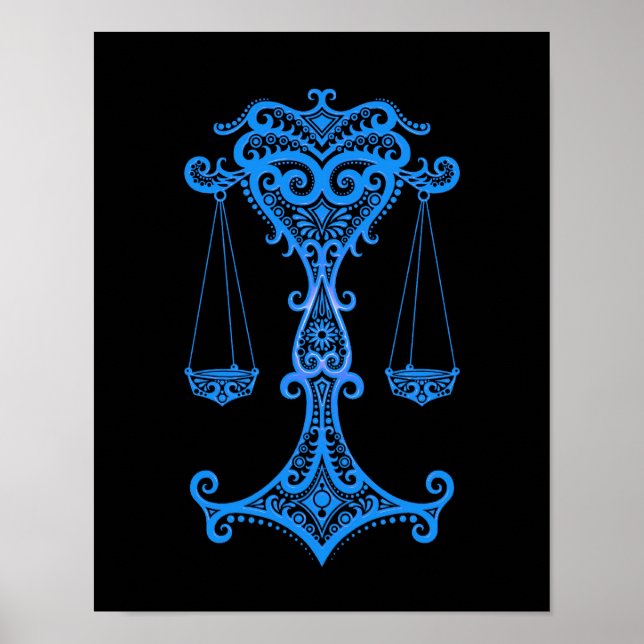 Intricate Blue Libra Zodiac på svart Poster (Framsidan)