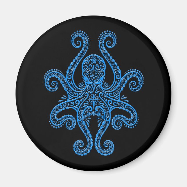 Intricate Blue Octopus på svart Magnet (Framsidan)