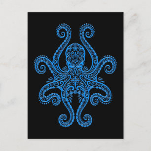 Intricate Blue Octopus på svart Vykort