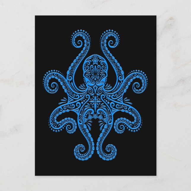 Intricate Blue Octopus på svart Vykort (Framsida)