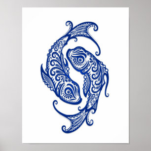 Intricate Blue Pisces Zodiac på vitt Poster