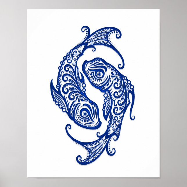 Intricate Blue Pisces Zodiac på vitt Poster (Framsidan)