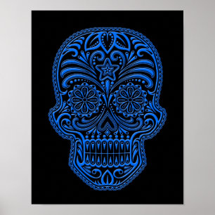 Intricate Blue Sugar Skull på svart Poster