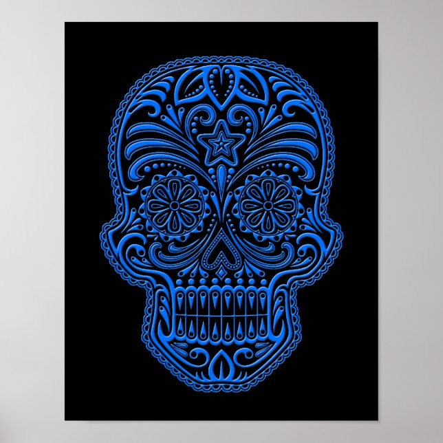 Intricate Blue Sugar Skull på svart Poster (Framsidan)