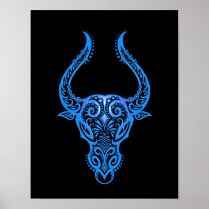 Intricate Blue Taurus Zodiac på svart Poster