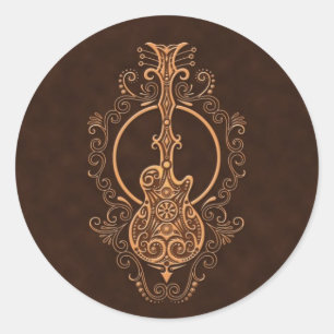 Intricate Brown Guitar Design Runt Klistermärke