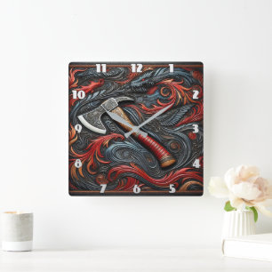 Intricate Fireman's Ax Amidst Swirling Design Fyrkantig Klocka