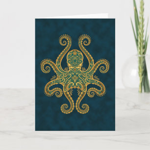 Intricate Golden Blue Octopus Kort