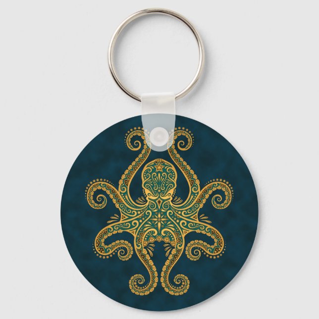 Intricate Golden Blue Octopus Nyckelring (Framsida)