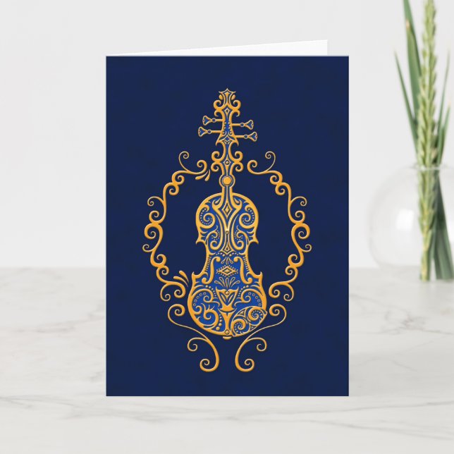 Intricate Golden Blue Violin Design Kort (Framsida)