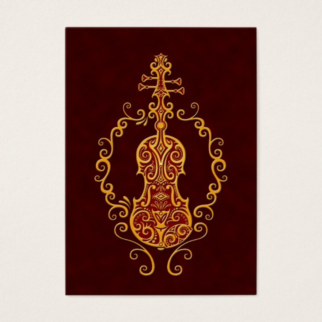 Intricate Golden Red Violin Design Visitkort (Framsidan)