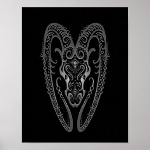 Intricate Grått Aries Zodiac on Black Poster