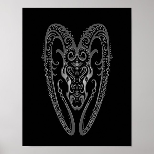 Intricate Grått Aries Zodiac on Black Poster (Framsidan)