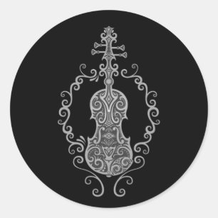 Intricate Grått Violin Design on Black Runt Klistermärke