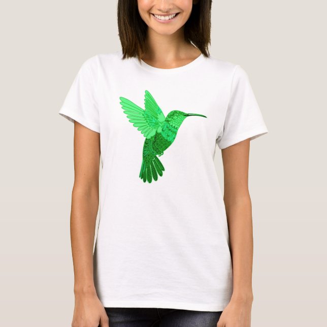 Intricate Grönt Hummingbird Illustration T Shirt (Framsida)